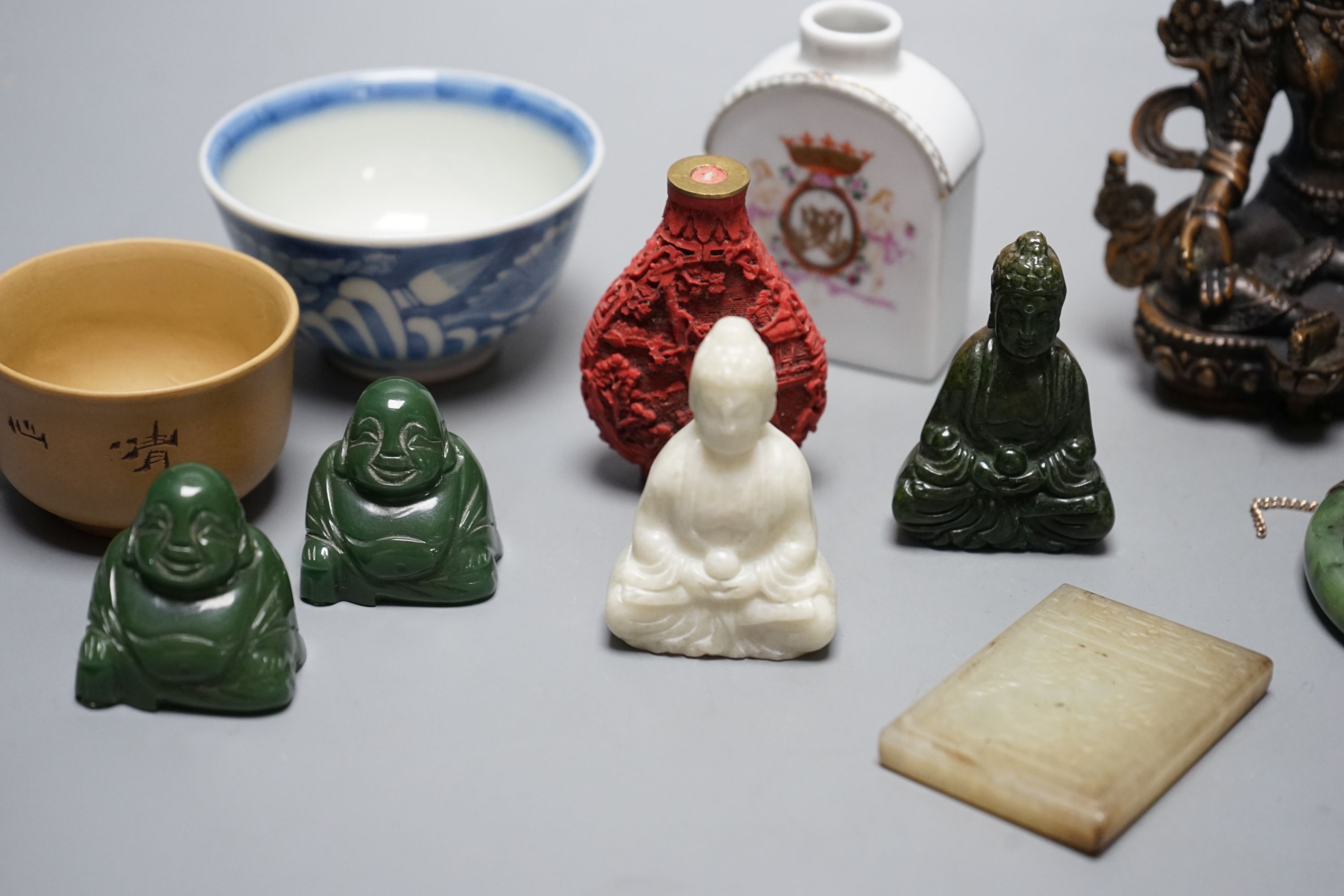 Assorted Chinese items including bronze Tibetan buddha, jades etc, Buddha 13 cms wide.